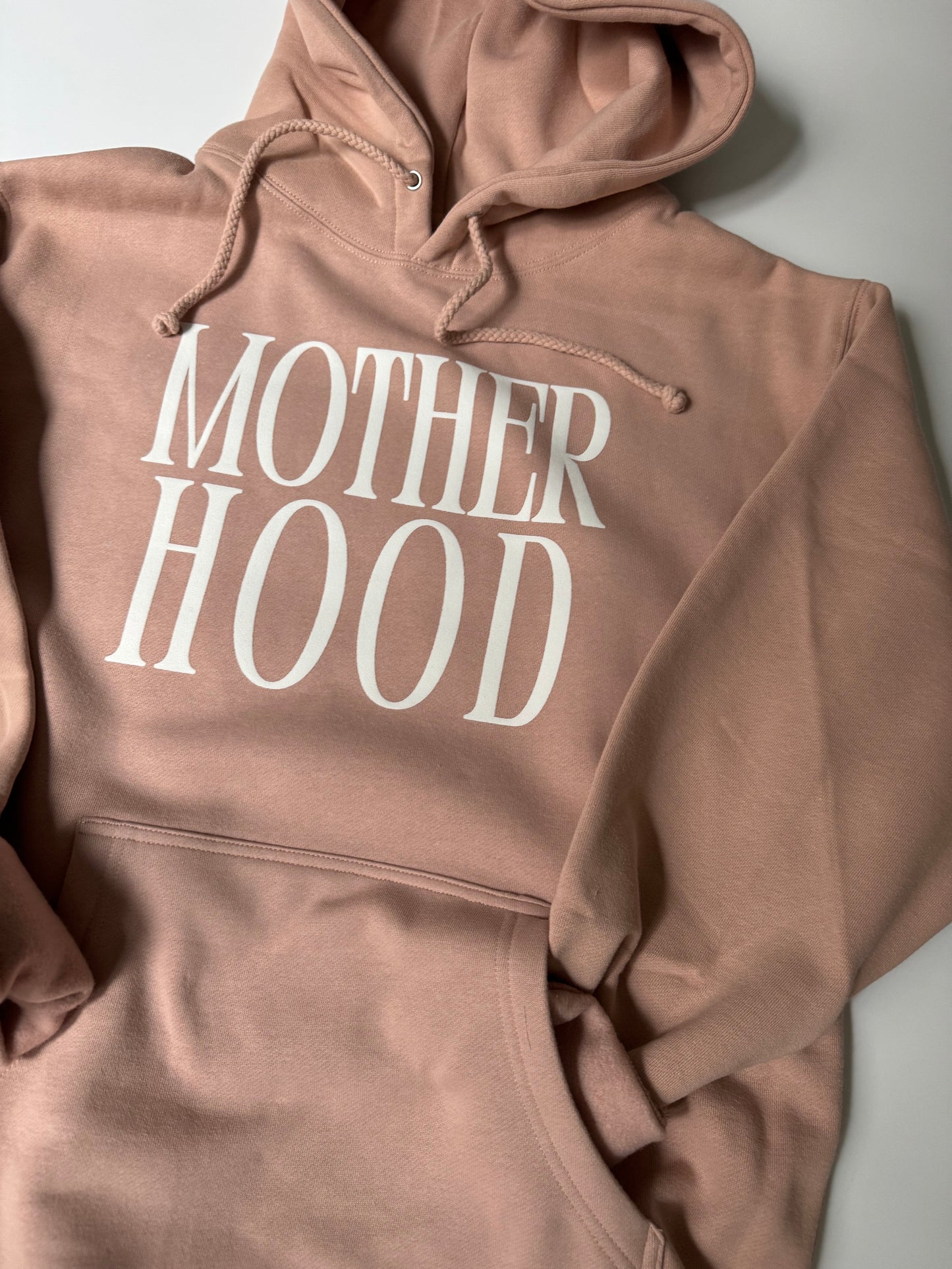 Motherhood Heavyweight Hoodie – Dusty Rose Minimalist Graphic Sweatshirt for Women & Moms