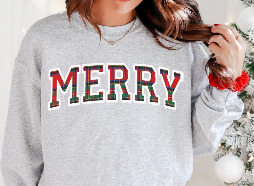 Merry Holiday Crewneck - Cozy Christmas Plaid Sweatshirt