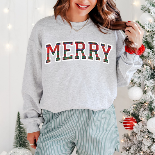 Merry Holiday Crewneck - Cozy Christmas Plaid Sweatshirt