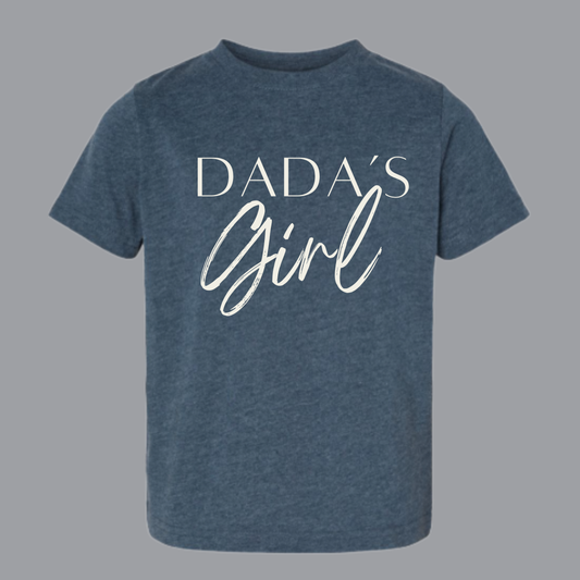 Vintage denim blue toddler t-shirt with white “Dada’s Girl” graphic, matching dad and daughter outfit