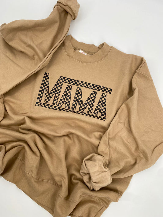 MAMA graphic crewneck sweatshirt in pebble brown with oversized unisex fit and checkered detail for women and moms