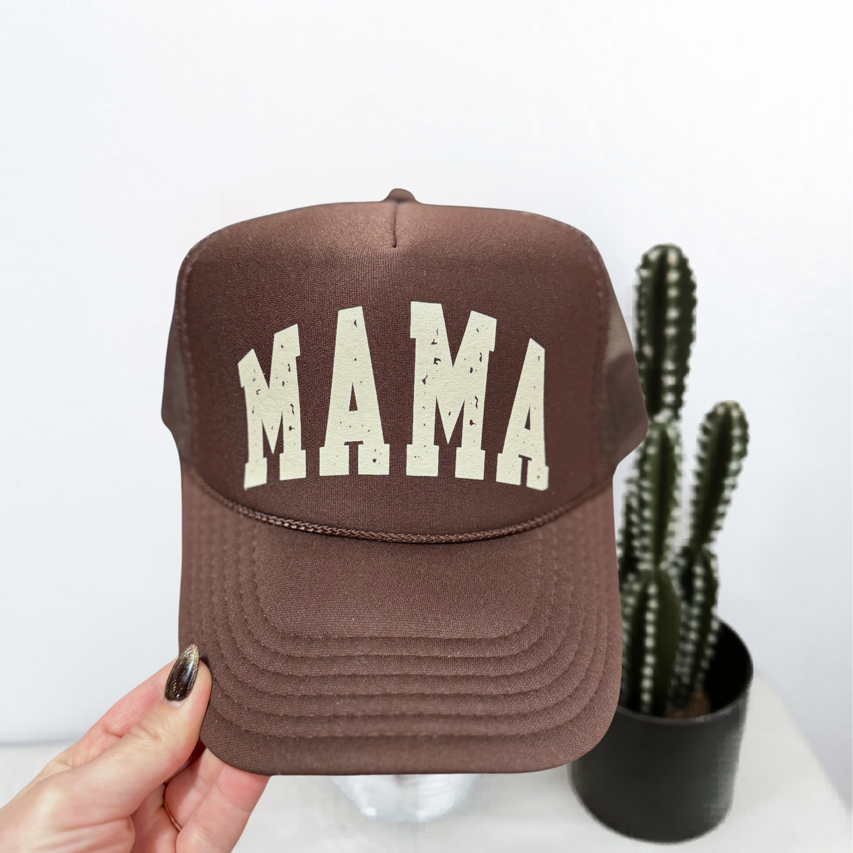 Mama chocolate brown trucker hat with vintage distressed cream lettering aesthetic mom cap
