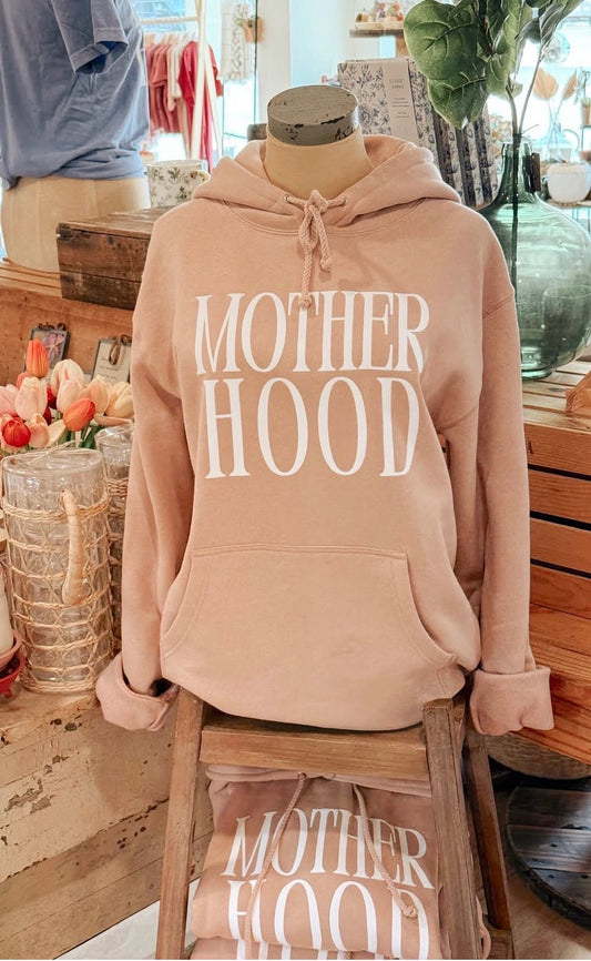 Motherhood heavyweight hoodie in sand beige with minimalist white graphic, cozy unisex sweatshirt for women and moms